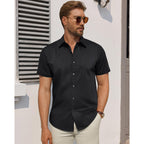 Men'S Short Sleeve Dress Shirts Stretch Stain Shield Business Casual Button Down Shirts Solid Formal Wedding Tops