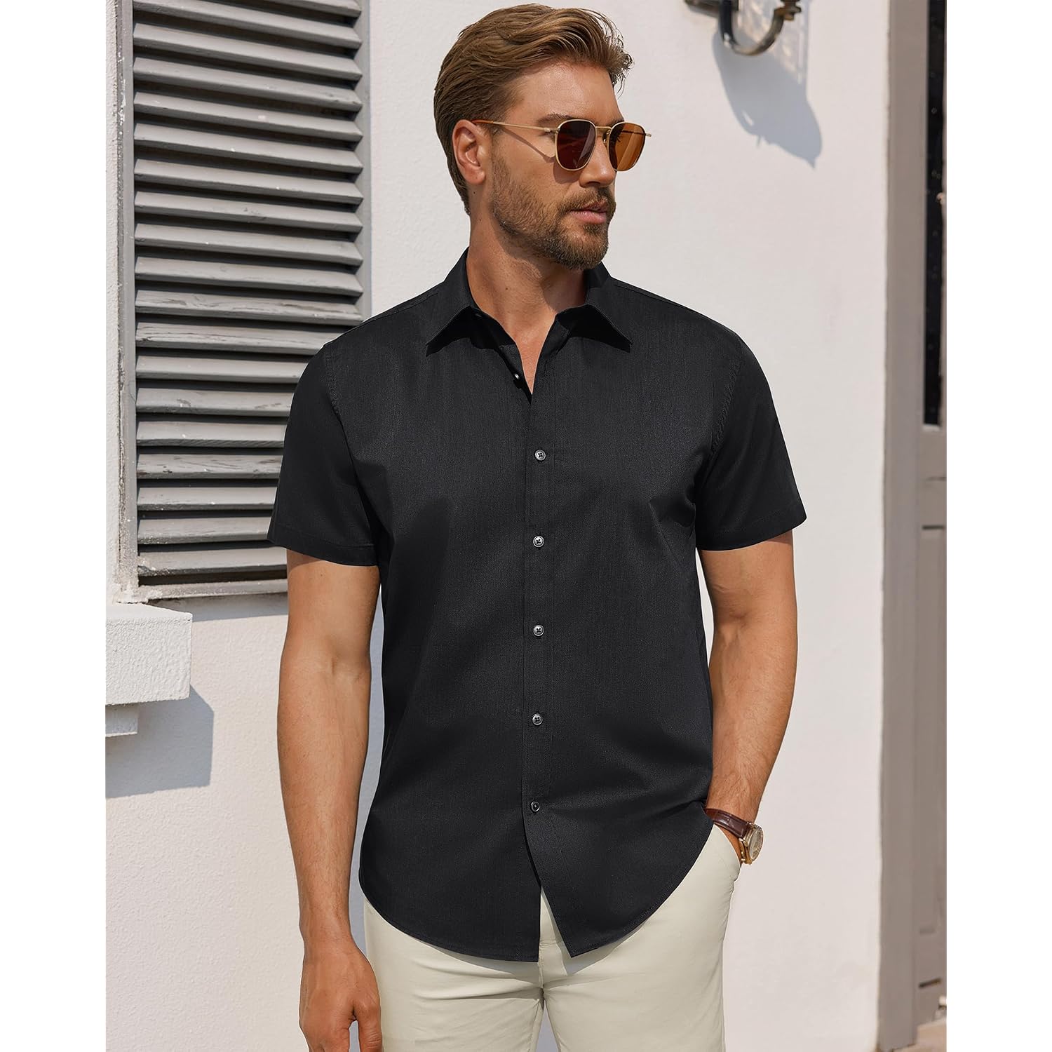 Men'S Short Sleeve Dress Shirts Stretch Stain Shield Business Casual Button Down Shirts Solid Formal Wedding Tops