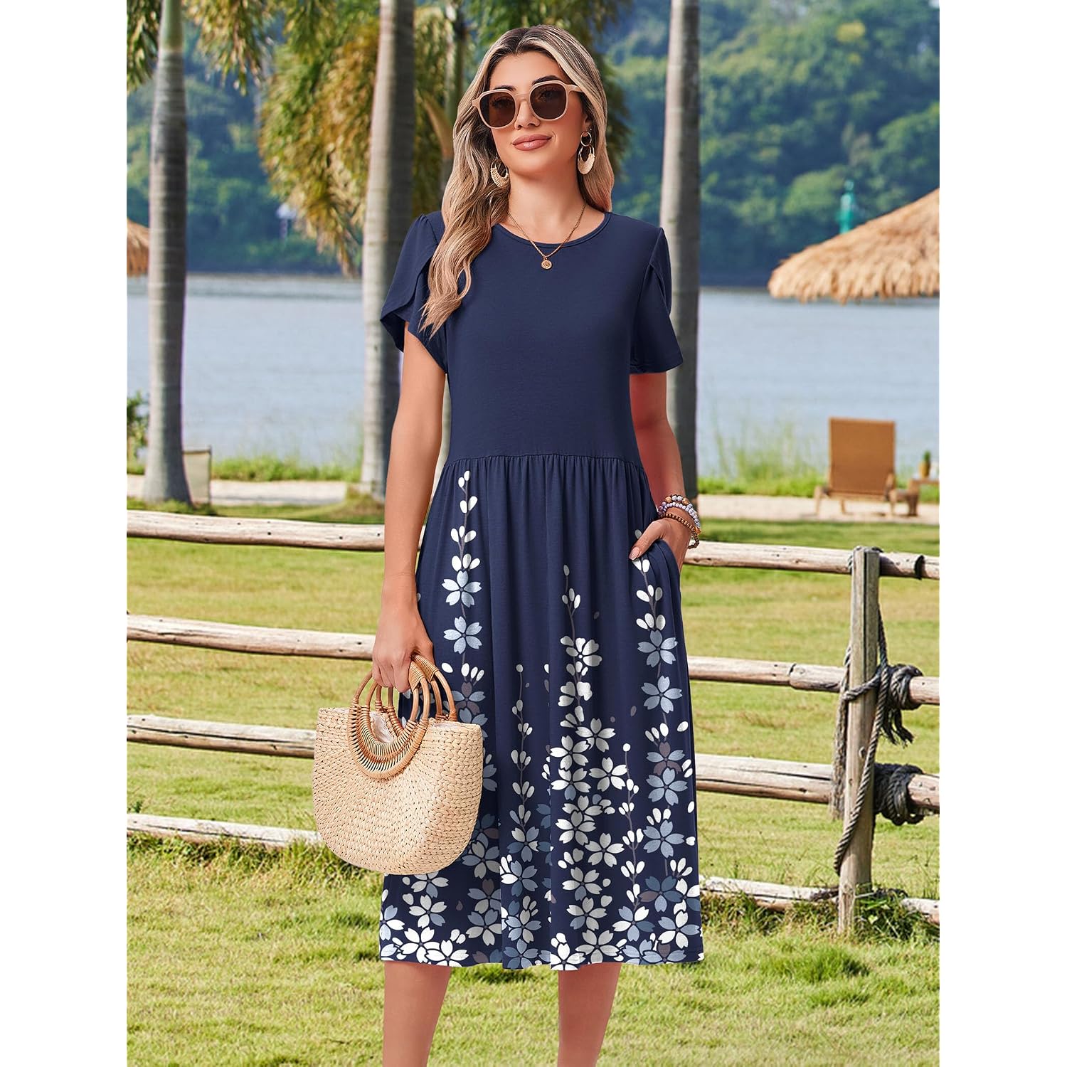 Hotouch Women'S Summer A-Line Midi Dresses 2026 Casual Floral Short Sleeve T-Shirt Dress Flowy Beach Sundress With Pockets