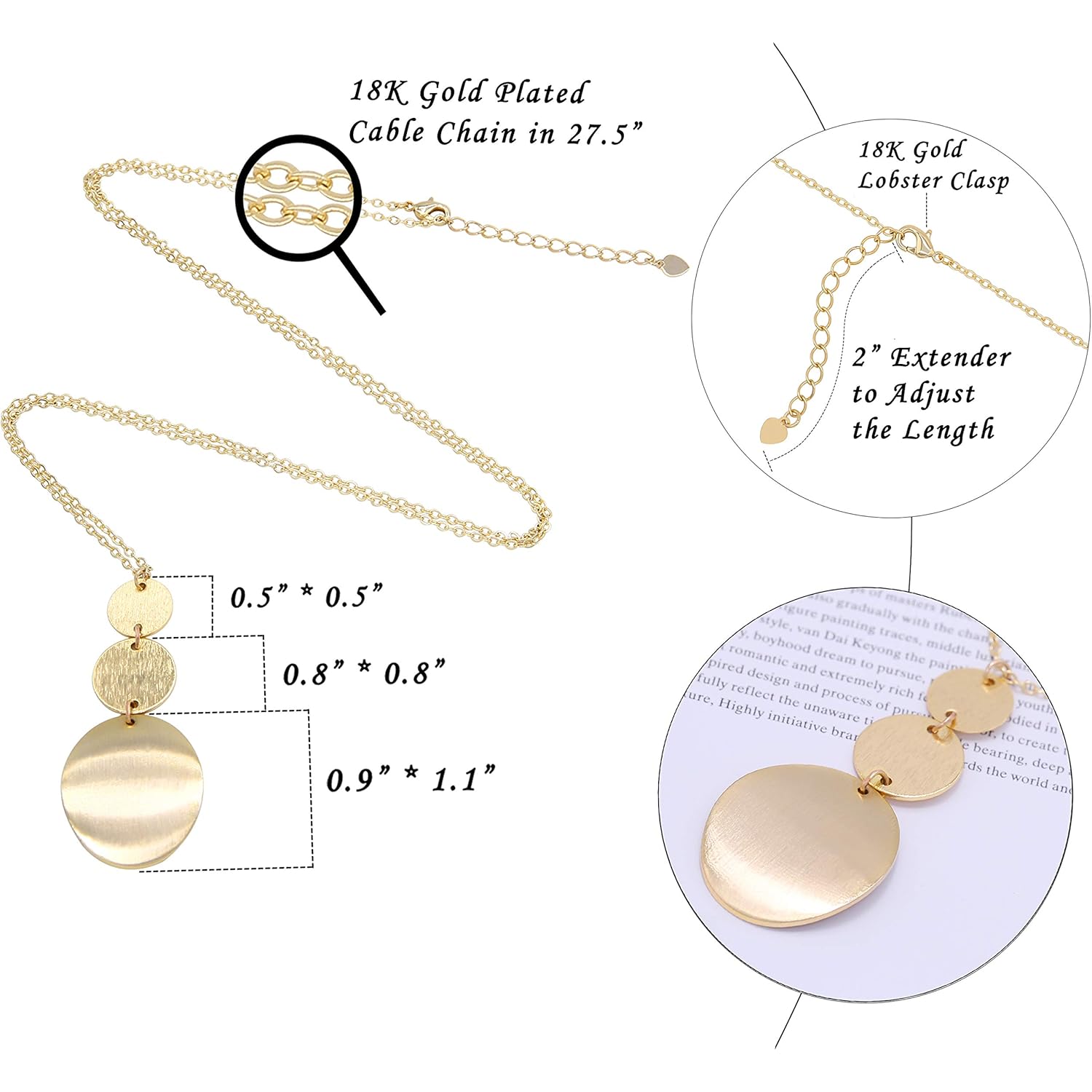 PERNNLA PEARL Long Disc Pendant Necklace for Women 18K Gold Plated Sweater Chain Fashion Jewelry