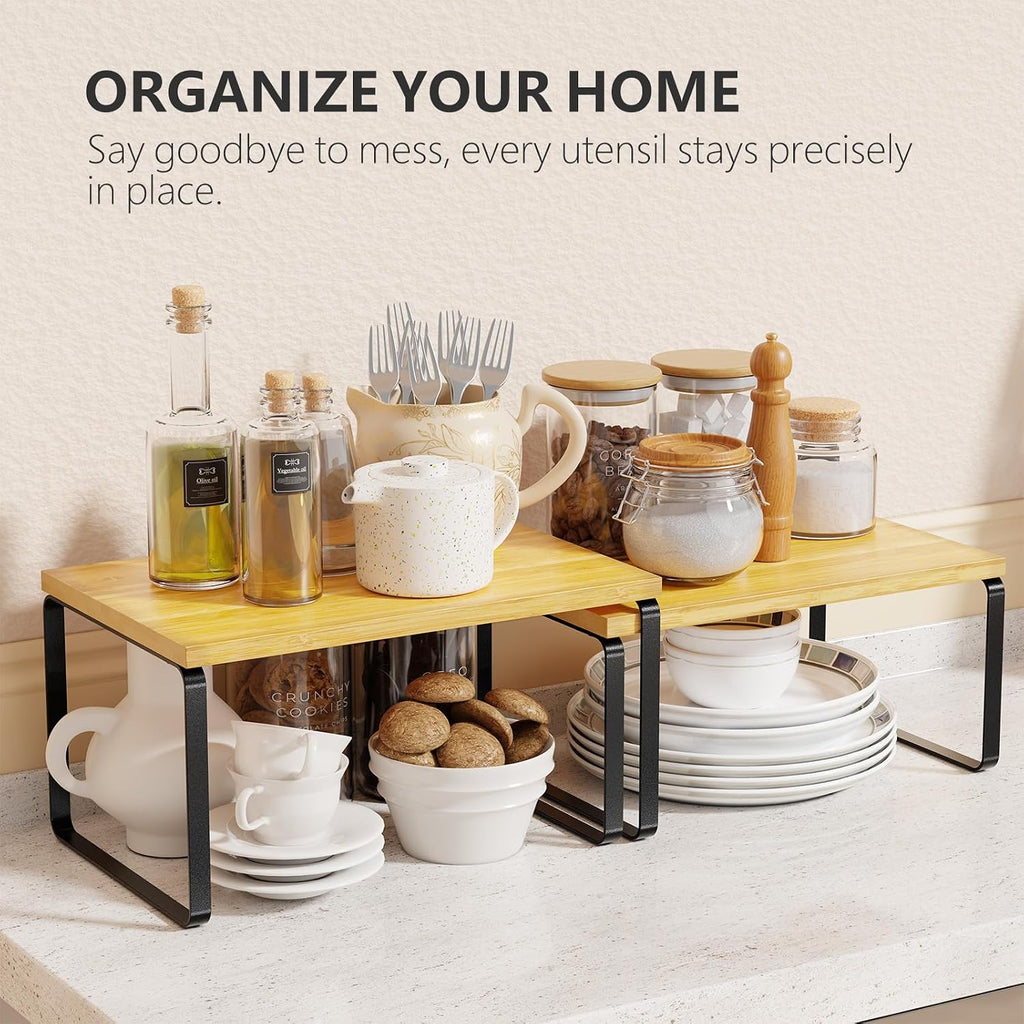 Simple Trending Bamboo Cabinet Organizer Shelf, Set Of 2 Kitchen Counter Shelves, Stackable Expandable Spice Rack Kitchen Storage, Black And Natural Beige