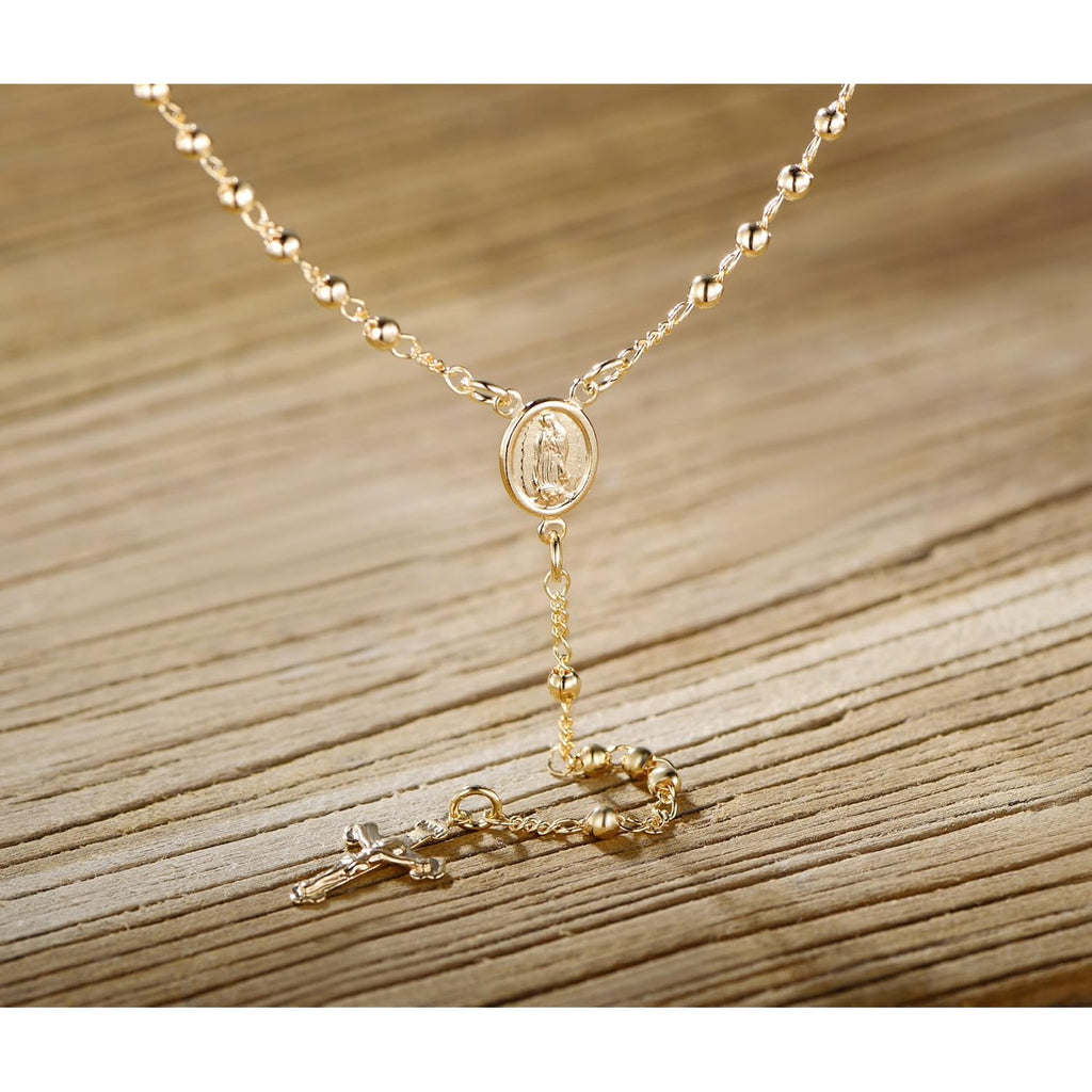 Barzel 18K Gold Plated Virgin Mary Rosary Bead Cross Necklace - Made In Brazil