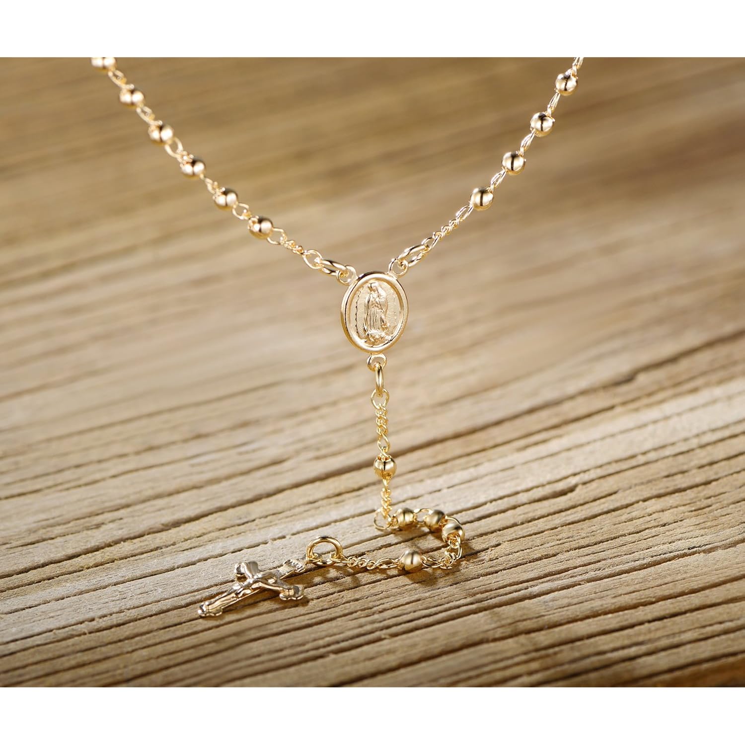 Barzel 18K Gold Plated Virgin Mary Rosary Bead Cross Necklace - Made In Brazil