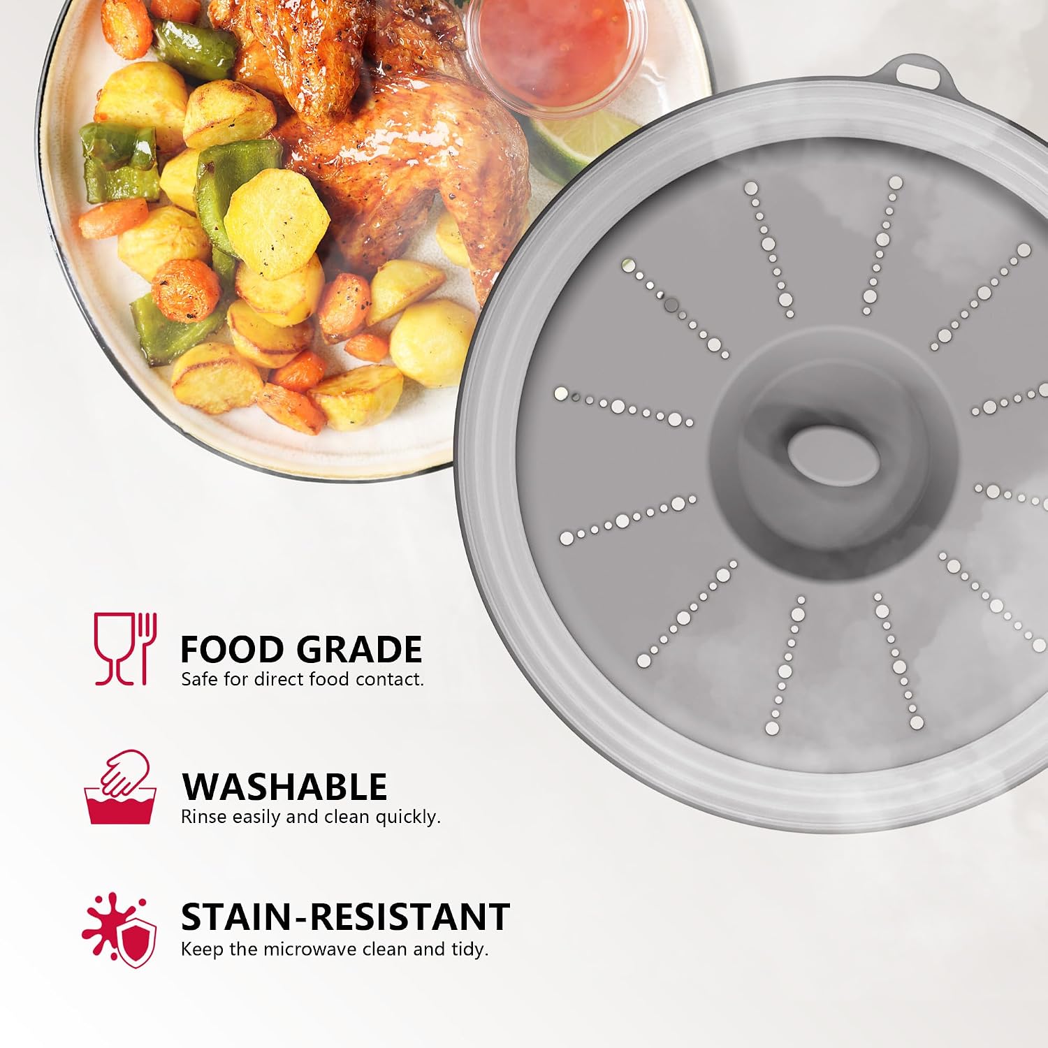 Wvm Microwave Splatter Cover Vented For Food With Hook Hole, Splatter Guard & Colander Kitchen Gadget For Food, Meal Prep, Grey