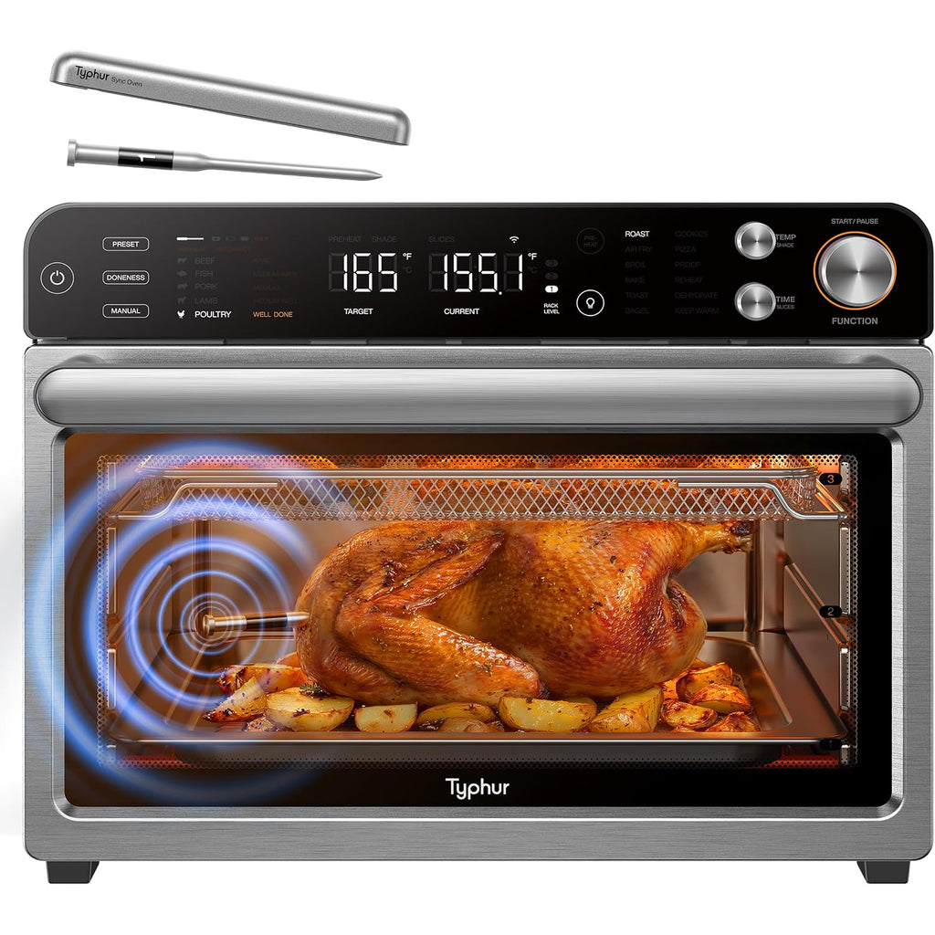 Typhur Sync Oven With Smart Ai Wireless Meat Thermometer Probe, 12‑In‑1 Countertop Air Fryer Toaster Oven Combo, 360° Turbo Convection, Dehydrator, Recipe & 5 Accessories, Large 27Qt, Stainless Steel