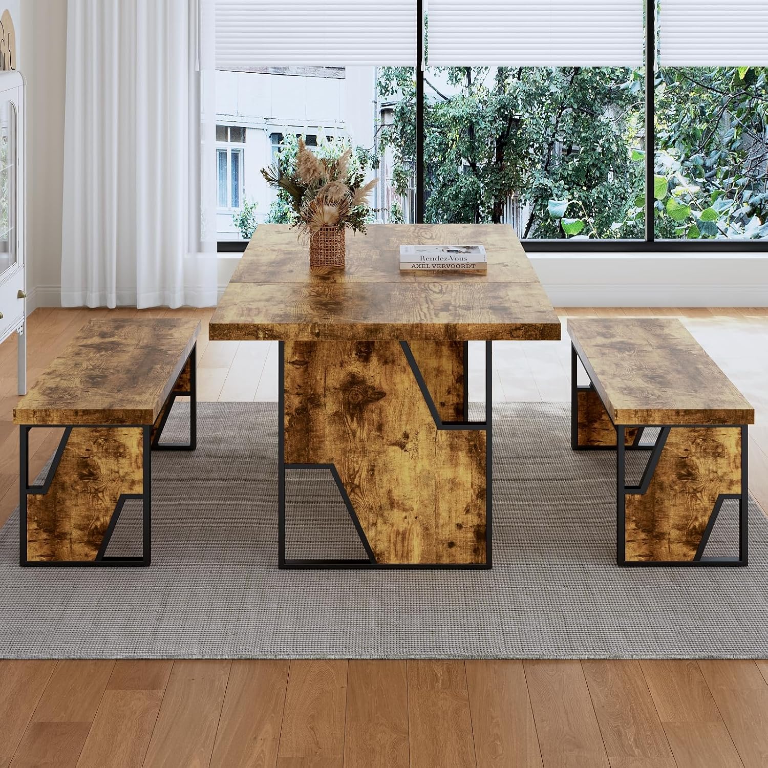 70.8" Wooden Dining Table With 2 Benches, Modern Kitchen Table And Chairs Set For 4-6 Person, Thickened Mdf Wooden Table With Dining Bench For Living Dining Room, Kitchen, Office