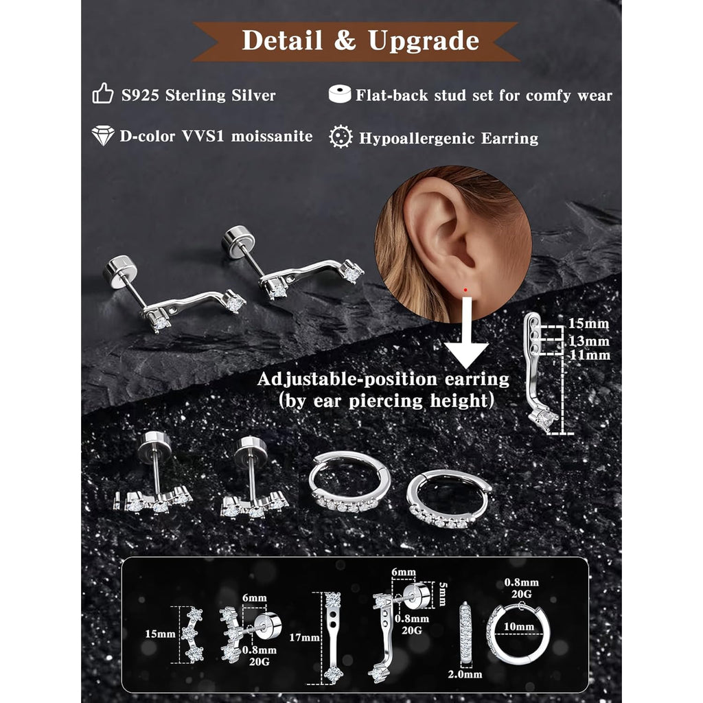 3 Pairs Moissanite Flatback Stud Jacket Stack Earrings Set for Women, 925 Sterling Silver Cartilage Earrings Set, Hypoallergenic Trendy Small Earrings