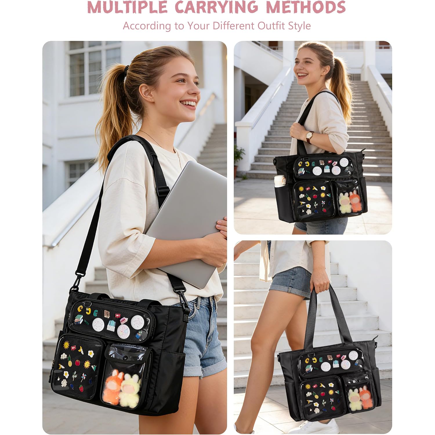 Large Ita Bag With 3 Pockets & 2 Inserts, Kawaii Pin Display Ita Tote Bag For Anime Kpop Fans, Versatile Messenger Bag