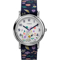 Timex Womens Watch Peanuts Weekender Casual Ladies Wristwatch - Featuring Snoopy and Woodstock in a Floral Motif, Silver-Tone Case with Blue Fabric Strap (31mm)