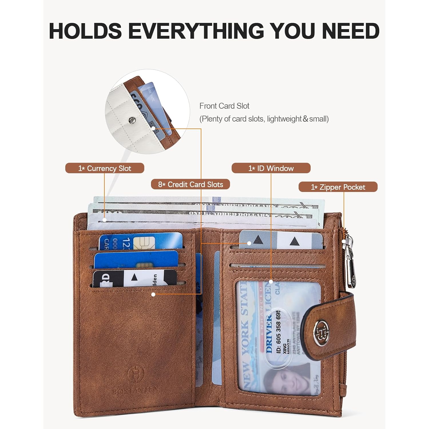 Bostanten Small Wallet For Women Leather Rfid Blocking Card Holder Bifold Compact Wallets With Zipper Coin Pocket Beige＆Brown