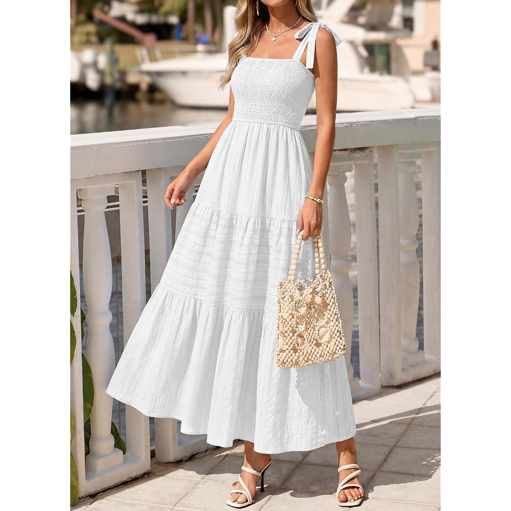 Btfbm Women'S 2026 Summer Boho Spaghetti Strap Dress Casual Sleeveless Smocked A Line Beach Sundress Long Maxi Dresses