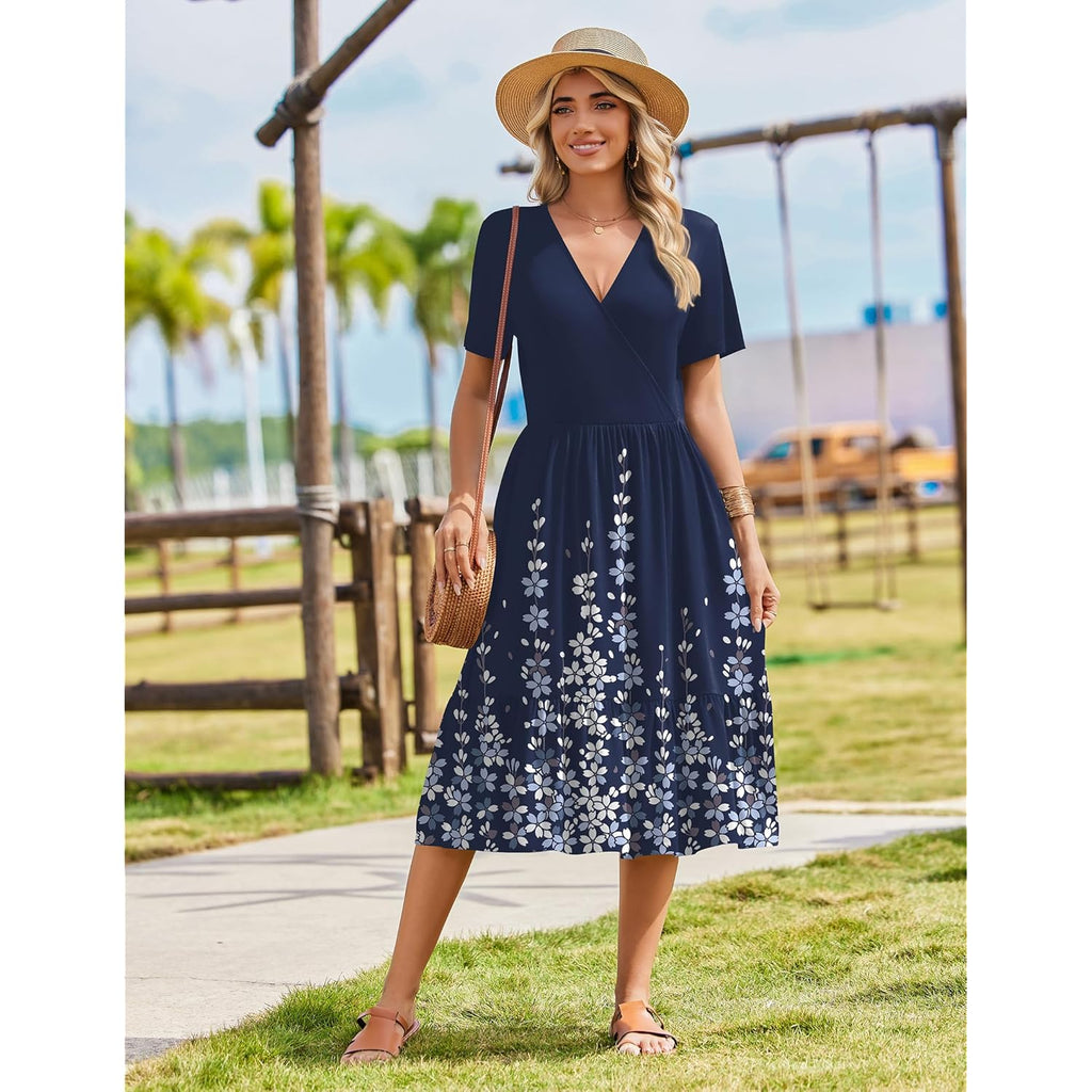 Womens Summer Casual Dresses Short Sleeve Midi Warp V-Neck Floral Dress with Pockets Tiered Flowy A Line Sundress