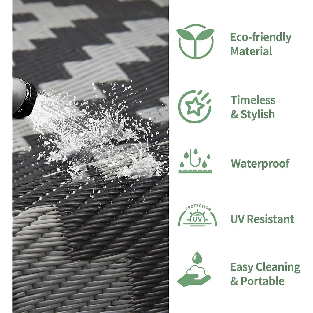 Genimo Outdoor Rug, Waterproof Plastic Rugs For Patio, 5'X8' Black Grey | Outside Larger Modern Carpet Mat For Porch Decor, Deck, Balcony, Camping, Rv, Backyard, Picnic, Beach, Reversible, Foldable