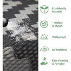 Genimo Outdoor Rug, Waterproof Plastic Rugs For Patio, 5'X8' Black Grey | Outside Larger Modern Carpet Mat For Porch Decor, Deck, Balcony, Camping, Rv, Backyard, Picnic, Beach, Reversible, Foldable
