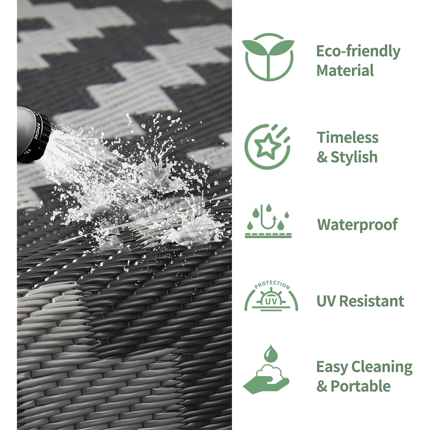 Genimo Outdoor Rug, Waterproof Plastic Rugs For Patio, 5'X8' Black Grey | Outside Larger Modern Carpet Mat For Porch Decor, Deck, Balcony, Camping, Rv, Backyard, Picnic, Beach, Reversible, Foldable