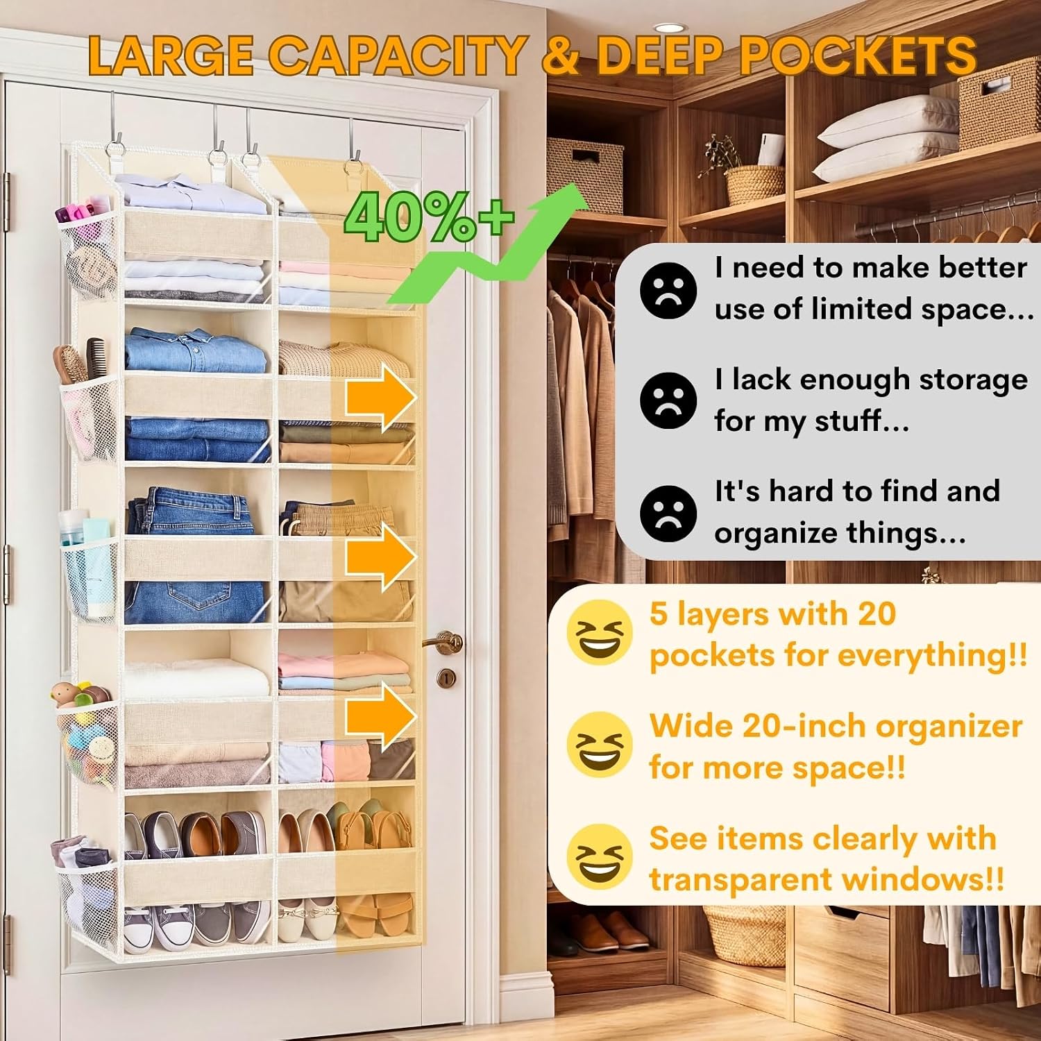 Over The Door Organizer 5 Tiers,Extra Large Behind Door Storage Of 10 Compartments,80 Lbs Weight Capacity Over The Door Storage, Door Hanging Organizer For Closet, Diaper Organizer, Beige