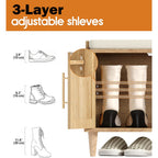 Rattan Shoe Storage Bench With Cushion, 2-Tier Entryway Bench With Adjustable Shelves And 2 Doors, 15" D X 39.4" W X 20" H, Solid Wood Legs, For Hallway, Living Room, Bedroom, Natural Oak