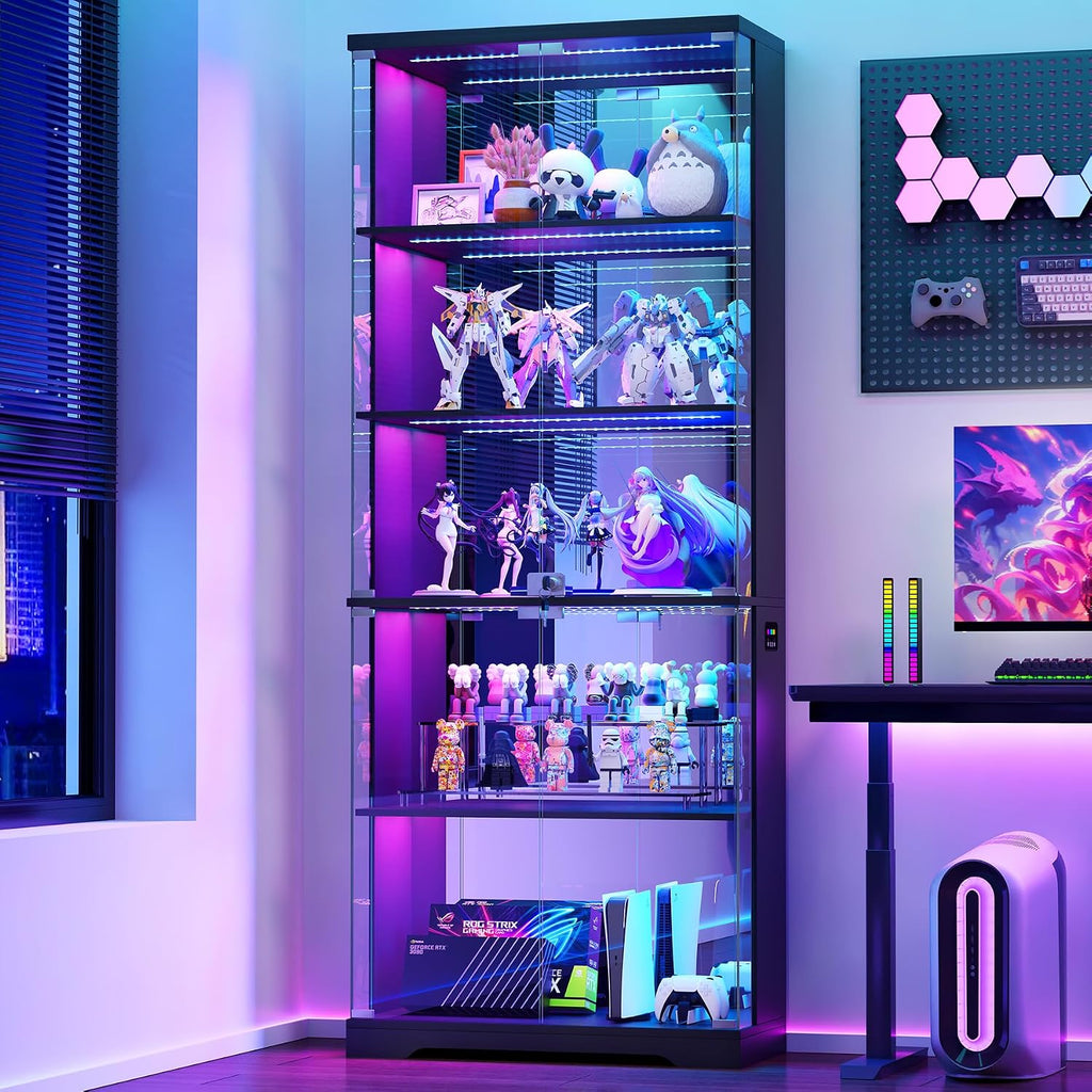 Dystler Glass Display Cabinet With Doors And Rgb Led Lights | 69" Tall Curio Cabinet, 5-Tier Wooden Shelves, Lockable Display Case, Motion Sensor, For Collectibles, Living Room, Black