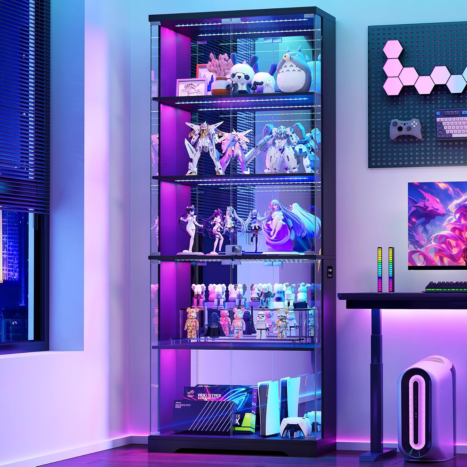 Dystler Glass Display Cabinet With Doors And Rgb Led Lights | 69" Tall Curio Cabinet, 5-Tier Wooden Shelves, Lockable Display Case, Motion Sensor, For Collectibles, Living Room, Black