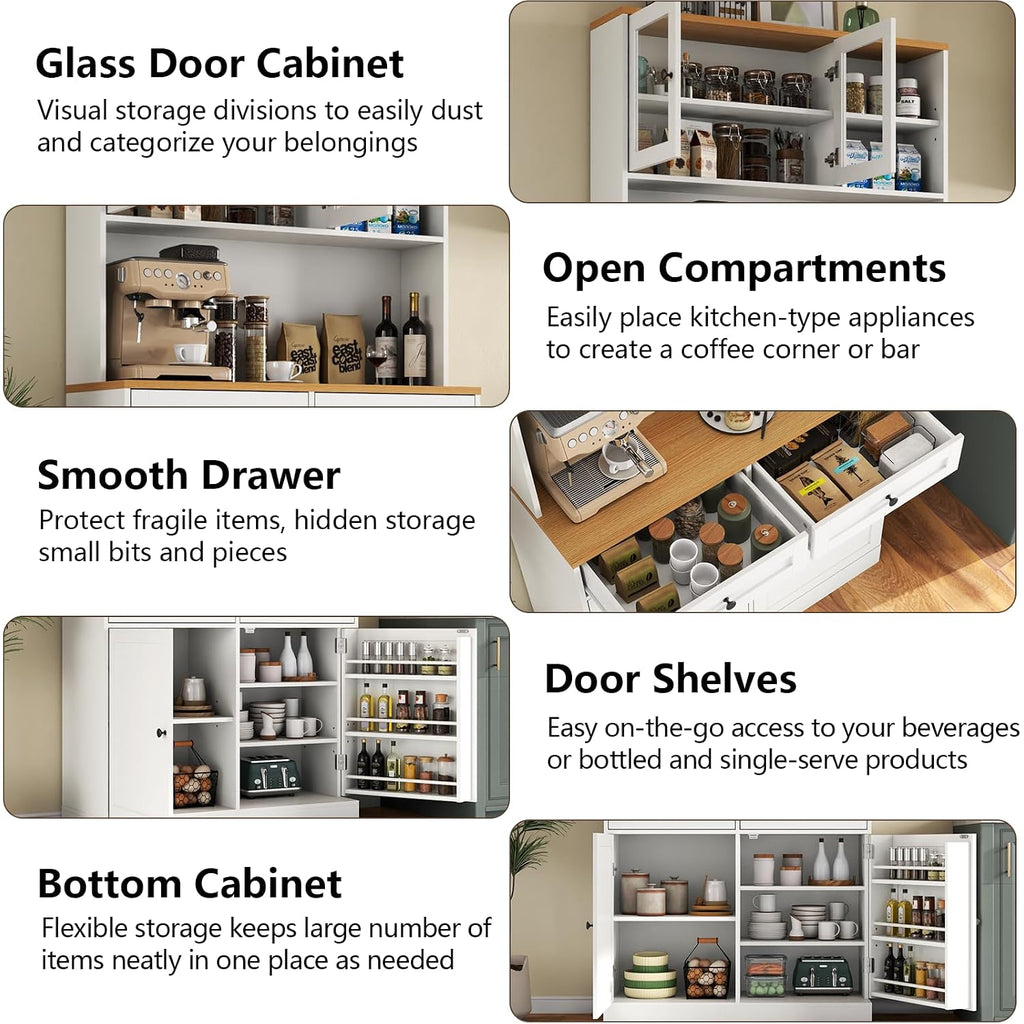 Tall Pantry Cabinet, Modern Kitchen Hutch With Microwave Stand, Kitchen Pantry Storage Cabinet With 2 Darwers & Door Shelf, Food Pantry With Glass Doors & Adjustable Shelves For Dining Room, White