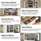 Tall Pantry Cabinet, Modern Kitchen Hutch With Microwave Stand, Kitchen Pantry Storage Cabinet With 2 Darwers & Door Shelf, Food Pantry With Glass Doors & Adjustable Shelves For Dining Room, White