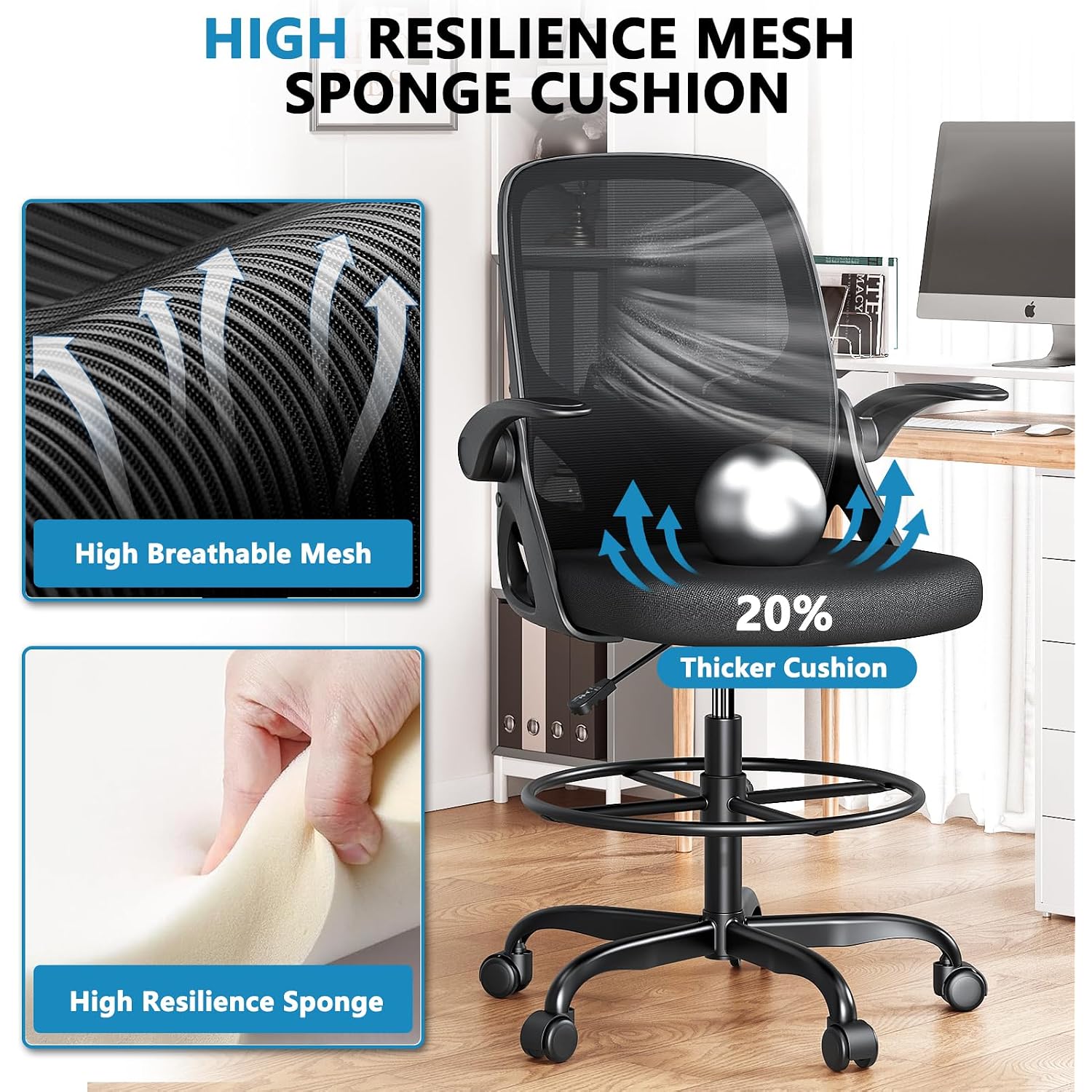 Drafting Chair Tall Office Chair, Ergonomic Standing Desk Chair With Adjustable Foot Ring And Flip-Up Armrests, Mesh Computer Chair For Art Studio, 300 Lbs, Black