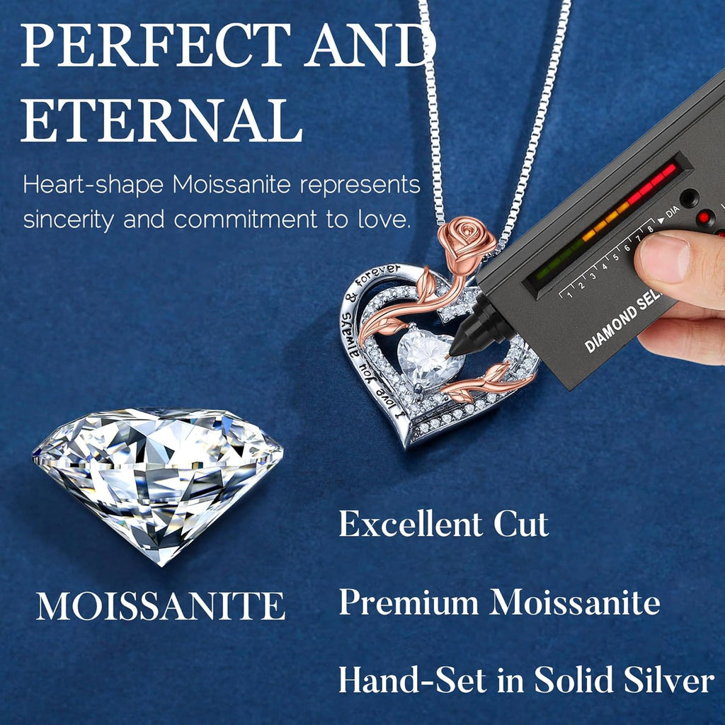 MOOSEA Mothers Day Gifts - 1-3 ct Moissanite Necklace for Women, 925 Sterling Silver Rose Heart Lab Created Moissanite Necklace, Anniversary Birthday Gifts for Women Mom Wife Girlfriend Grandma