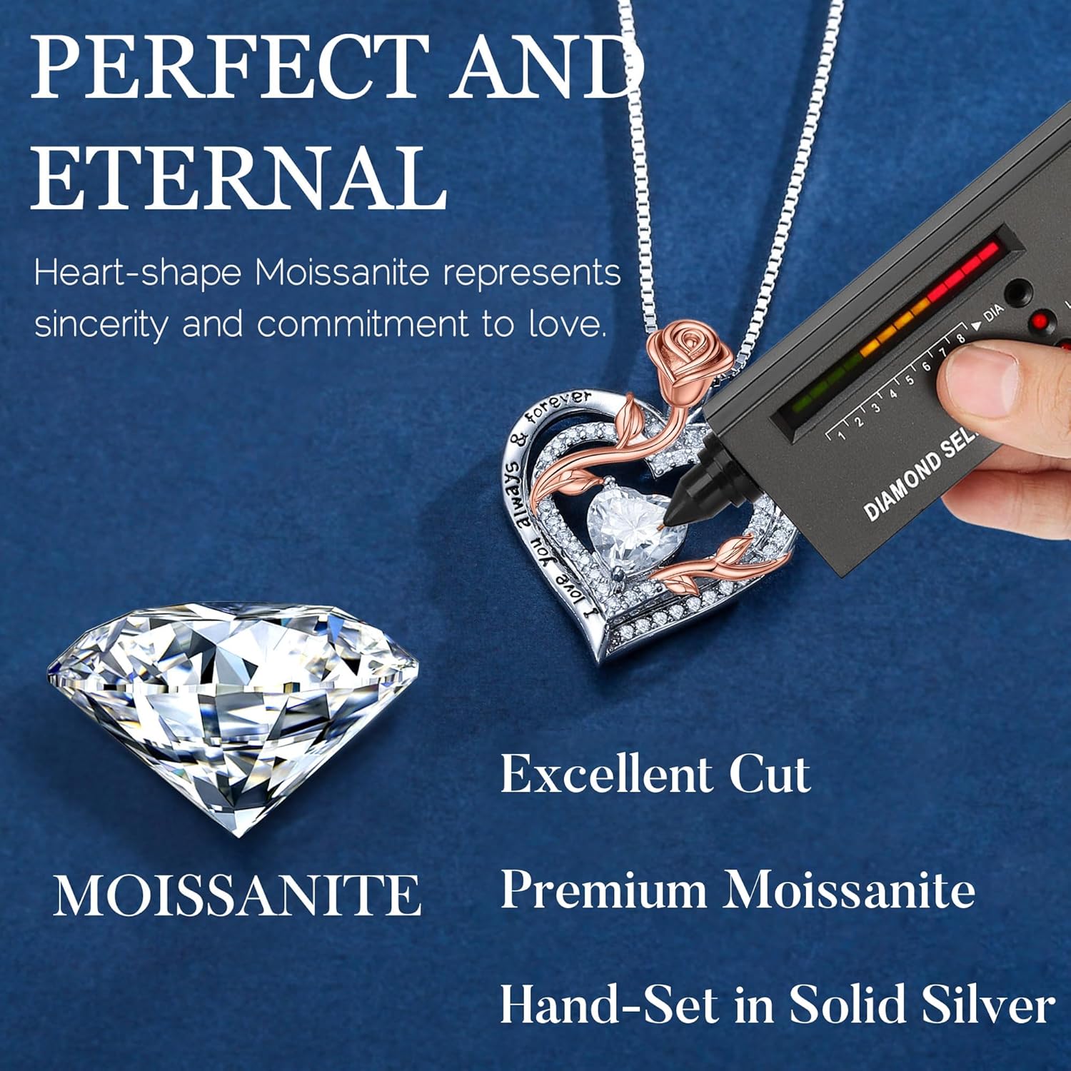 MOOSEA Mothers Day Gifts - 1-3 ct Moissanite Necklace for Women, 925 Sterling Silver Rose Heart Lab Created Moissanite Necklace, Anniversary Birthday Gifts for Women Mom Wife Girlfriend Grandma