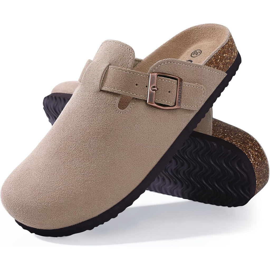 Odoly Genuine Suede Clogs For Women Men Soft Cork Footbed Leather Mules Comfort Potato Shoes With Arch Support
