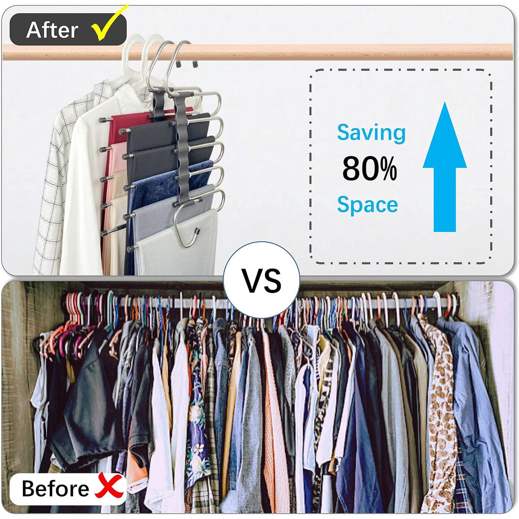Magic Pants Hangers Space Saving - 2 Pack For Closet Multiple Layers Multifunctional Uses Rack Organizer For Trousers Scarves Slack (2 Pack With 10 Metal Clips)