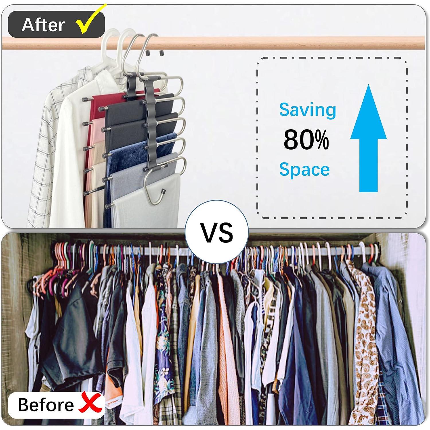 Magic Pants Hangers Space Saving - 2 Pack For Closet Multiple Layers Multifunctional Uses Rack Organizer For Trousers Scarves Slack (2 Pack With 10 Metal Clips)