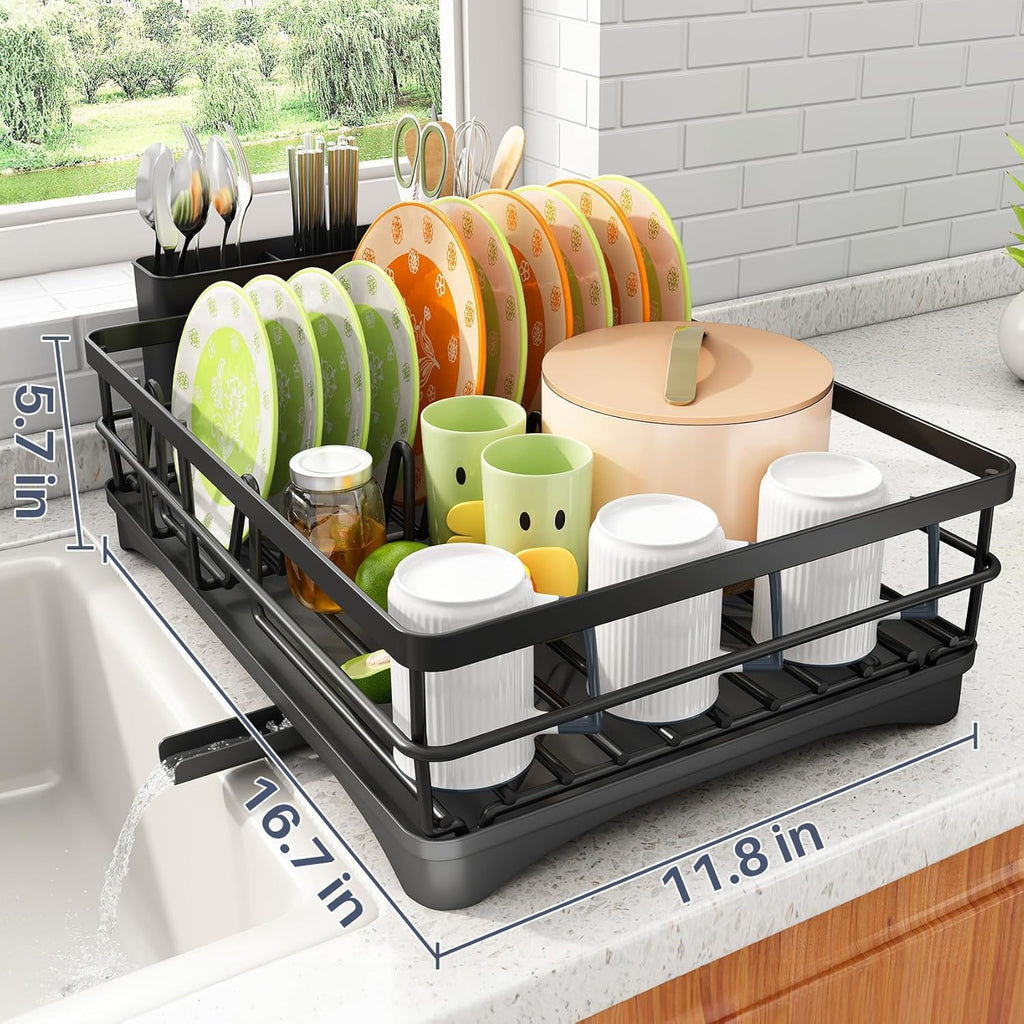 Dish Drying Rack - Rust Resistant Dish Drainer for Kitchen Counter with Drainboard & Rotating Spout, Large-Capacity Dish Rack with Removable Utensil Holder, Space-saving kitchen organizer, Black