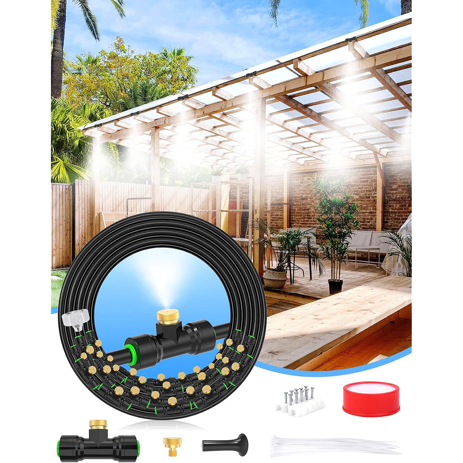 Misters For Outside Patio 89Ft(27.3M)+34 Brass Mist Nozzles+A Brass Adapter(3/4") Detachable Outdoor Misting Cooling System For Garden, Waterpark, Greenhouse, Backyard