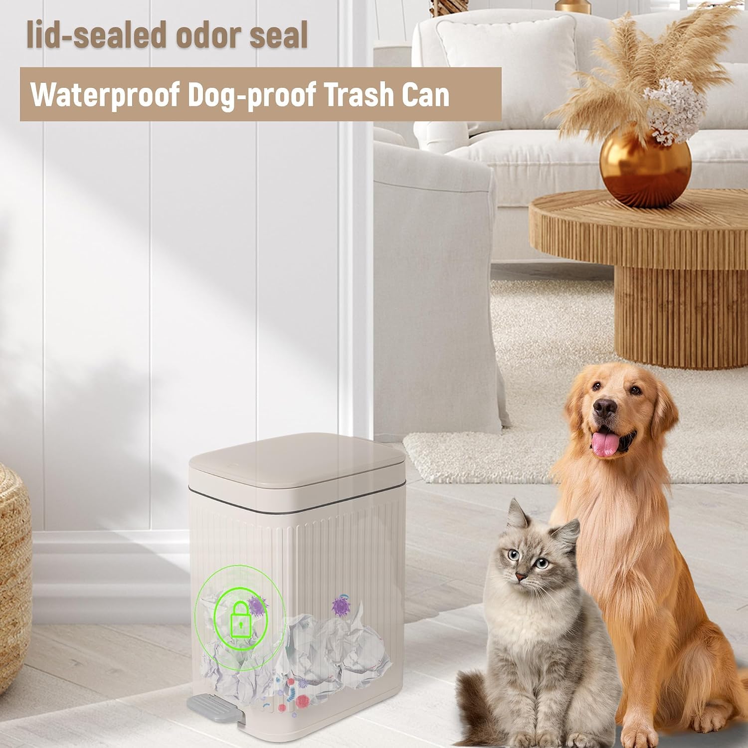 Small Bathroom Trash Can With Lid Slim Soft Close Garbage Can Step Wastebasket Container Trash Bin For Office Bedroom Kitchen Living Room (1.9 Gallon Cream)