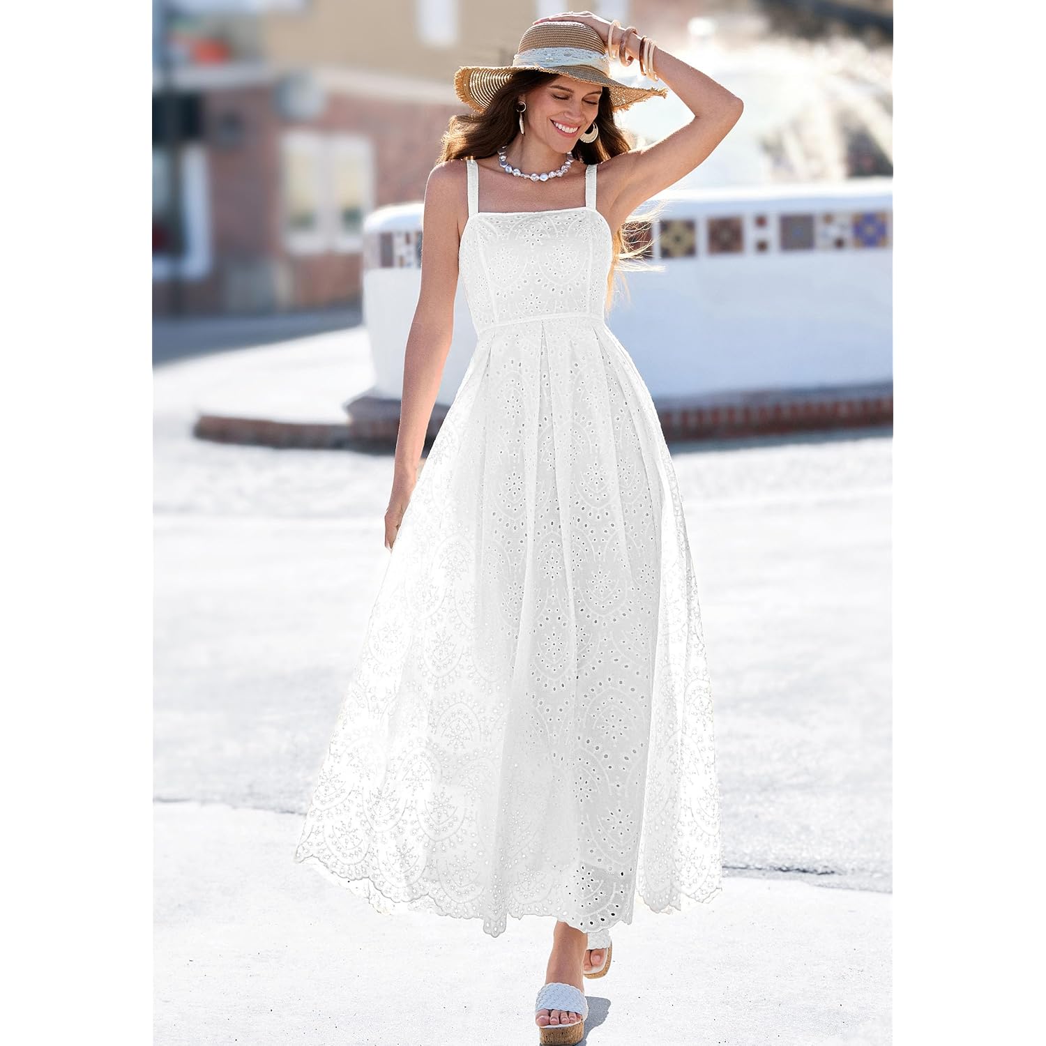 Prettygarden Womens Sleeveless Maxi Summer Dresses 2026 Hollow Out Eyelet Square Neck Ruffle Flowy Beach Vacation Sundress