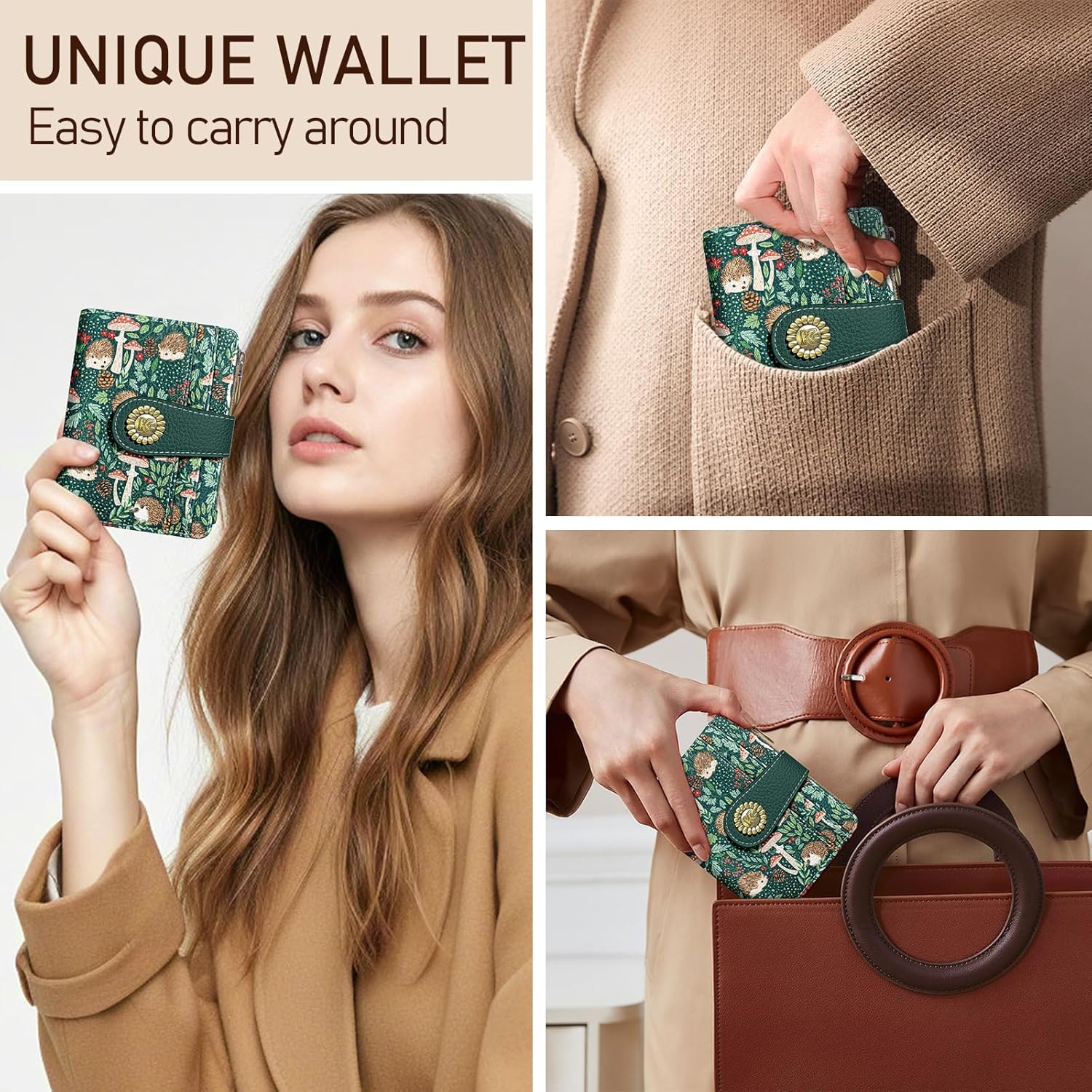 Kelvoris Cute Hedgehog Small Rfid Women Wallet Bifold Zipper Coin Pocket PU Leather Compact Cash Credit Card Holder Travel Wallet for Female Ladies Teen Girls 1 ID Window 10 Card Slots