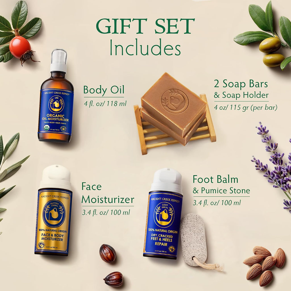 Ancient Greek Remedy Organic Spa Gift Set - Body Oil, Face Moisturizer, Foot Balm & 2 Soap Bars - Lavender Scented Skin Care Gift Basket For Women - Perfect For Christmas, Birthdays & Self Care