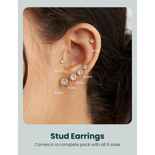6 Pairs Hypoallergenic Cubic Zirconia Earrings Surgical Steel Flat Back Studs for Cartilage, Screw Back Fashion Jewelry