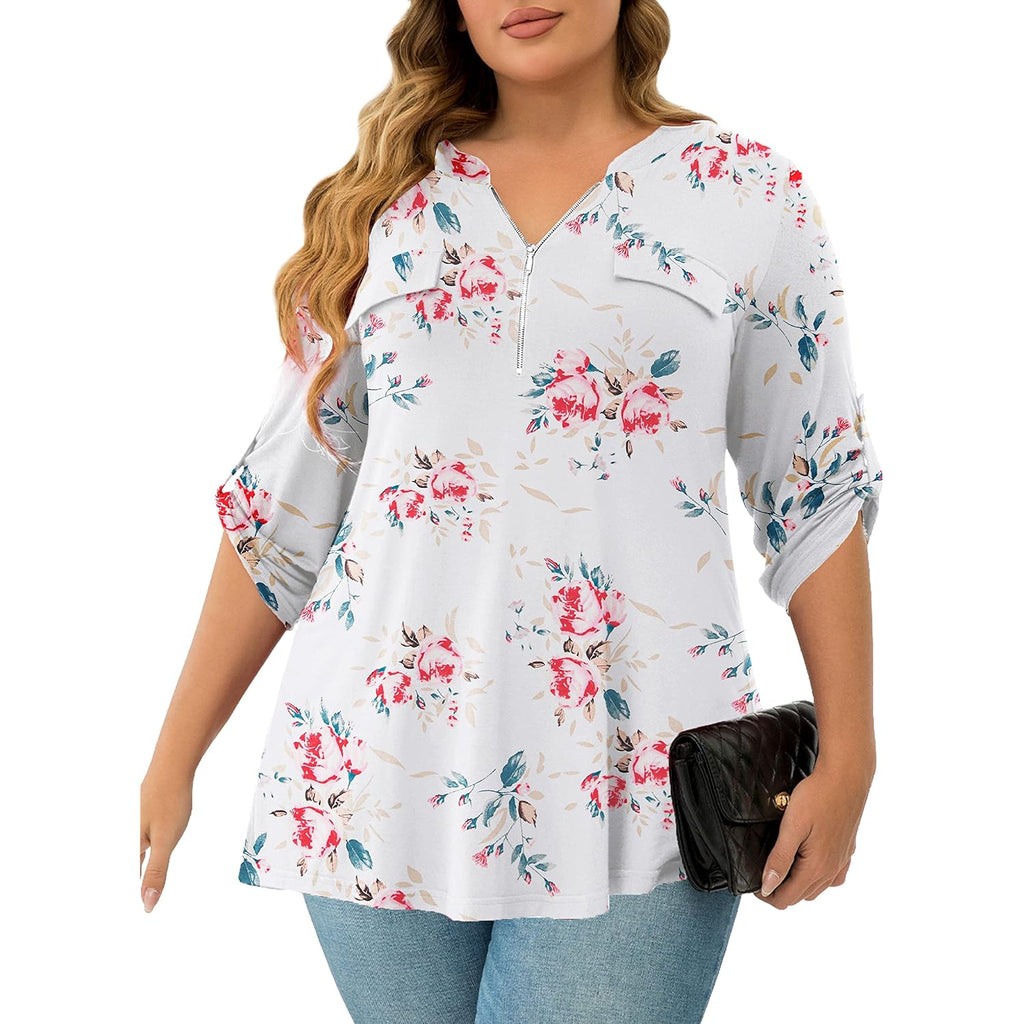 Women'S Plus Size Tops 3/4 Roll Sleeve Shirts V Neck Blouses Tunic Top
