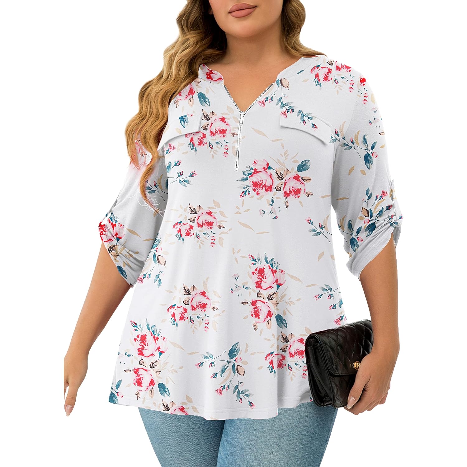 Women'S Plus Size Tops 3/4 Roll Sleeve Shirts V Neck Blouses Tunic Top
