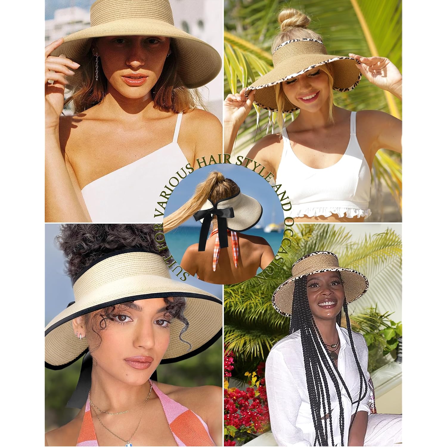 Camptrace Sun Visors for Women Wide Brim Beach Hat Foldable Straw Visor Hat Ponytail Summer Packable UPF 50+