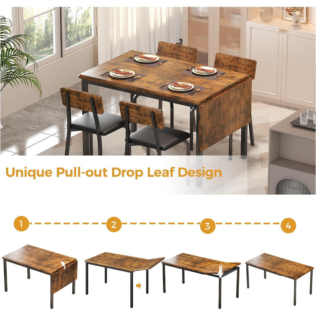 Ironck 5-Piece 63" Extendable Dining Table With 4 Upholstered Chairs, Kitchen Table Set For 4-8 People, Dining Room Sets With Mdf Wood Board, Drop Leaf Table Design For Space Saving, Rustic Brown