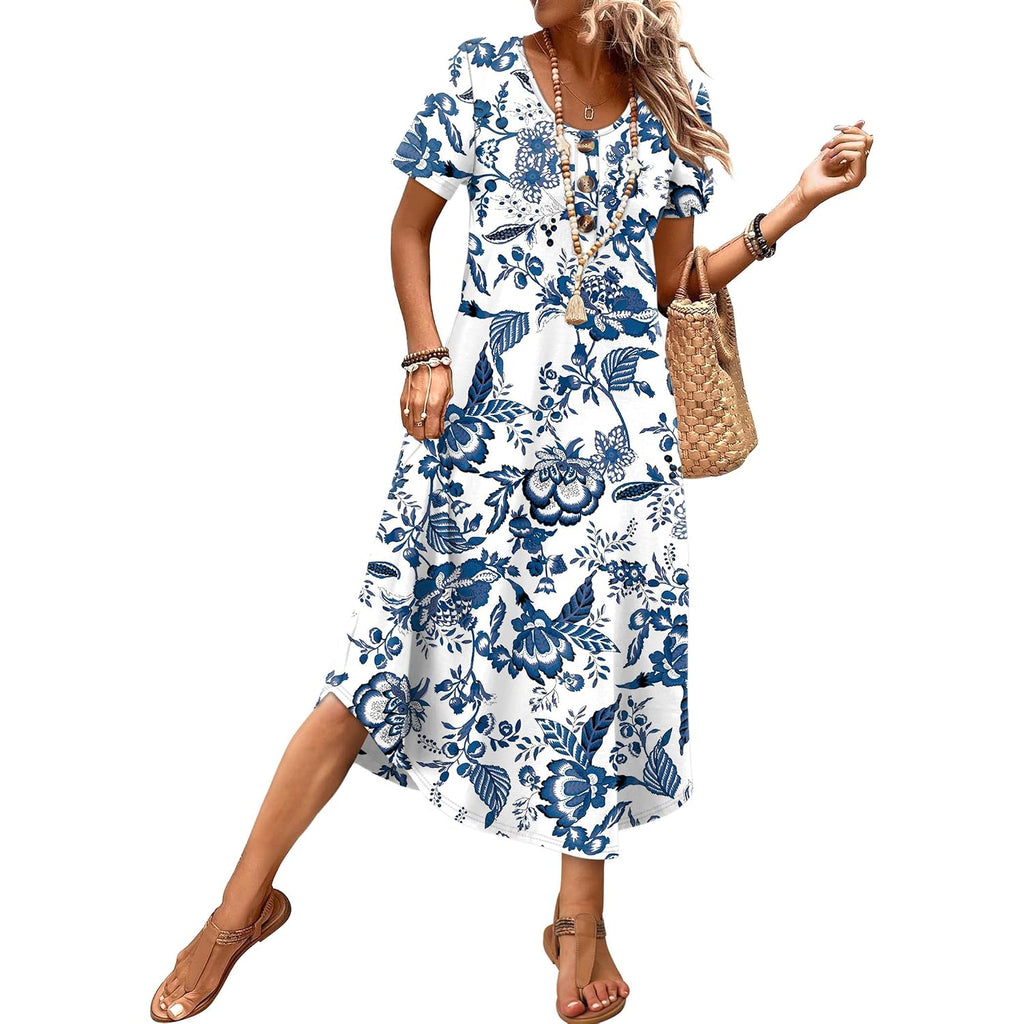 Ofeefan Summer Dresses For Women 2026 Casual Midi Dresses Beach Vacation Outfits Tshirt Dress With Pockets Resort Wear