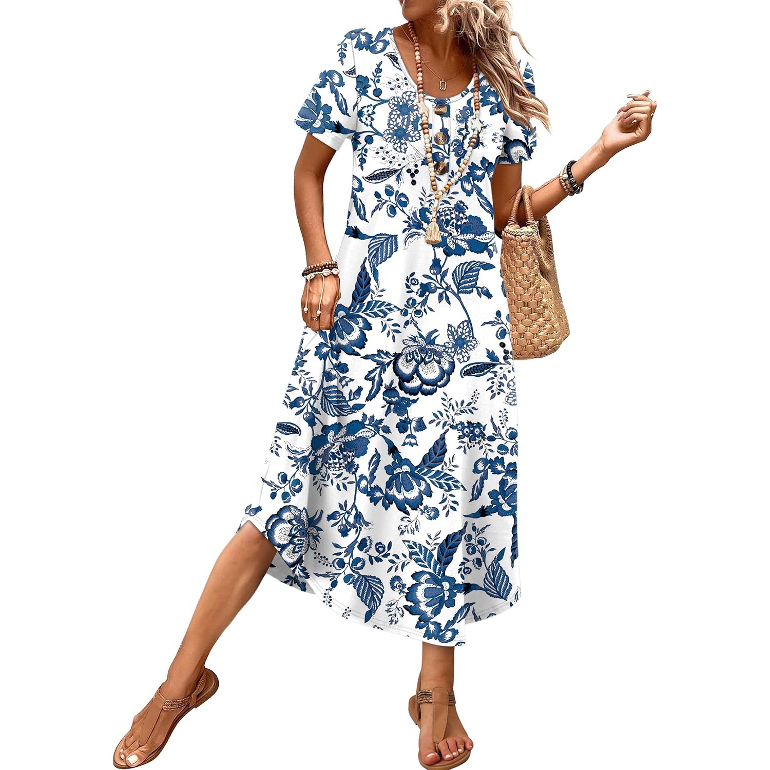 Ofeefan Summer Dresses For Women 2026 Casual Midi Dresses Beach Vacation Outfits Tshirt Dress With Pockets Resort Wear