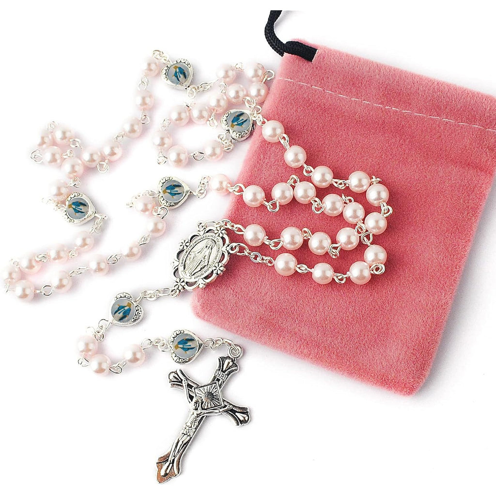 HanlinCC Glass Pearl Beads with Miraculous Epoxy Heart Metal Beads Rosary Necklace pack in Velvet Gift Bag with Rosary Pray Card