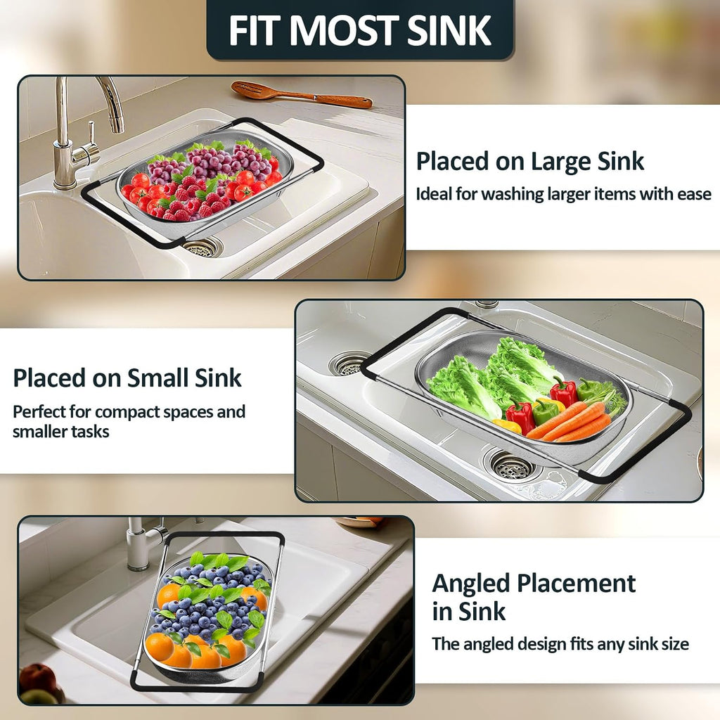 Over The Sink Colander - Strainers And Colanders - Sink Strainer Basket - Expandable Fine Mesh Strainer With Rubber Grip For Veggie, Fruits, Pasta, Home Kitchen Essentials (9.5W X 13.4-21.3L X 3.3H)