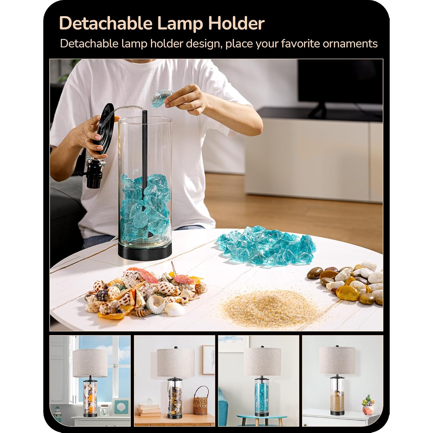 Edishine 23.6" Glass Table Lamp Set Of 2, Diy Refillable, Rotary Switch | Modern Bedside Lamp With Linen Lampshade, E26 Base, Nightstand Light For Living Room, Bedroom, Office