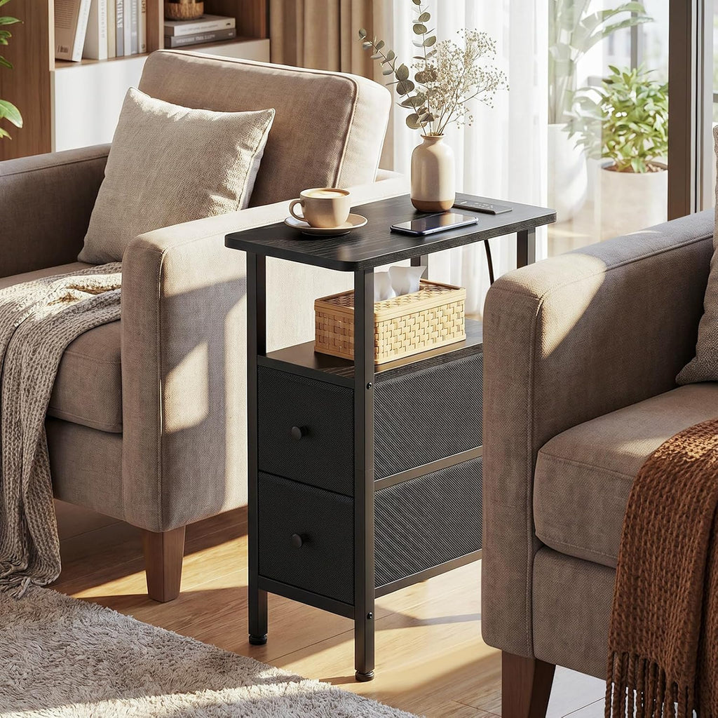 Narrow End Table Living Room With Charging Station, Skinny Side Table With Fabric Drawers, Slim Nightstand For Bedroom, Small Spaces, Couch, Black, Hetndp02Bk-1