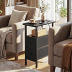 Narrow End Table Living Room With Charging Station, Skinny Side Table With Fabric Drawers, Slim Nightstand For Bedroom, Small Spaces, Couch, Black, Hetndp02Bk-1