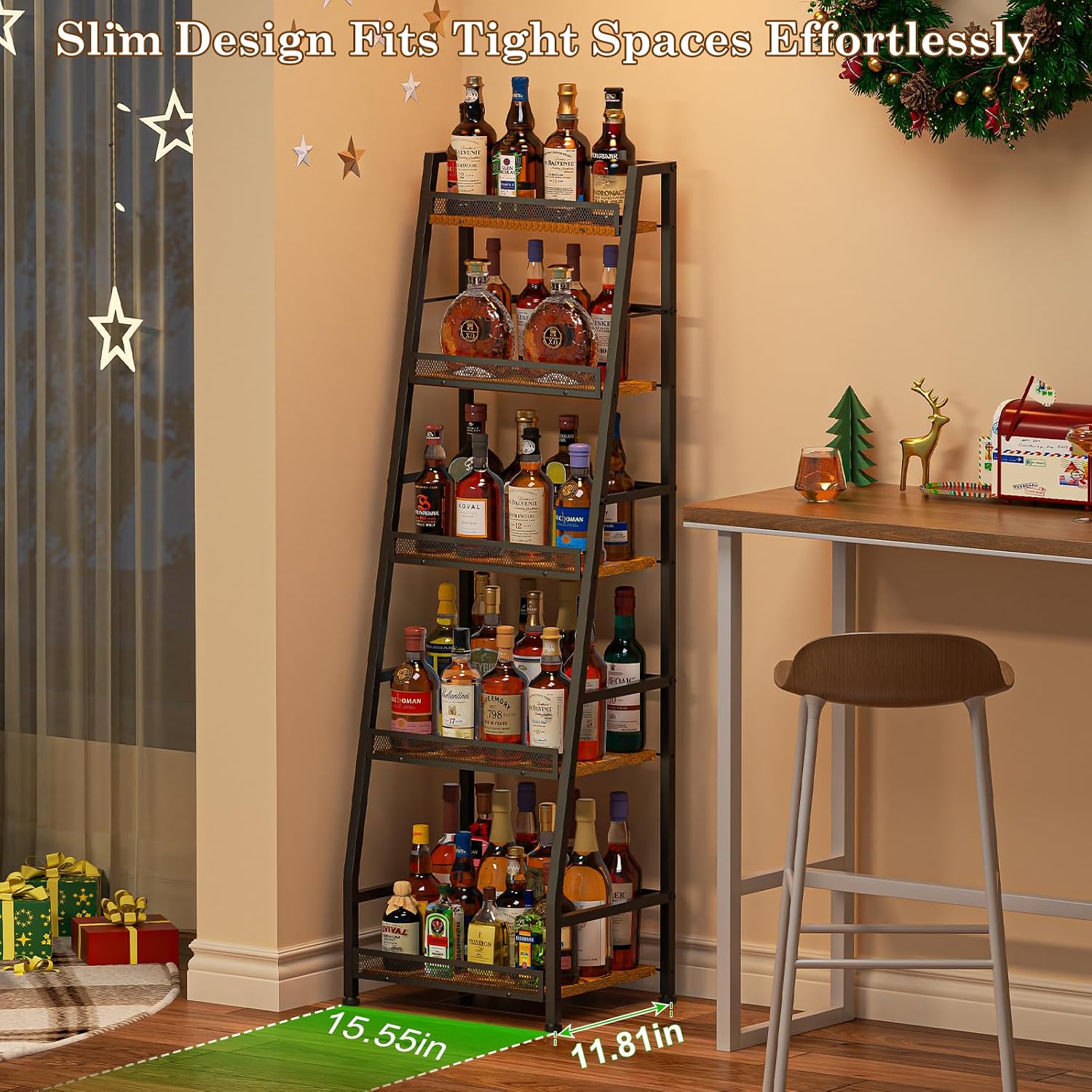 5-Tier Trapezoid Liquor Stand For Home Bar, Large-Capacity Liquor Cabinet Bar For Home, Stepped Wine Rack Freestanding Floor For Whiskey, Corner Wine Bottle Display Shelf With Fences For Living Room